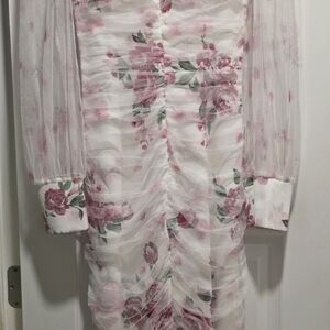 SHEIN Pink & White Floral Ruched Long-Sleeve Dress